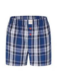 Modré kostkované pánské kraťasy vyrobené z lehkého materiálu, s bílými a námořnickými pruhy, elastickým pasem a dvěma červenými knoflíky na zipu.