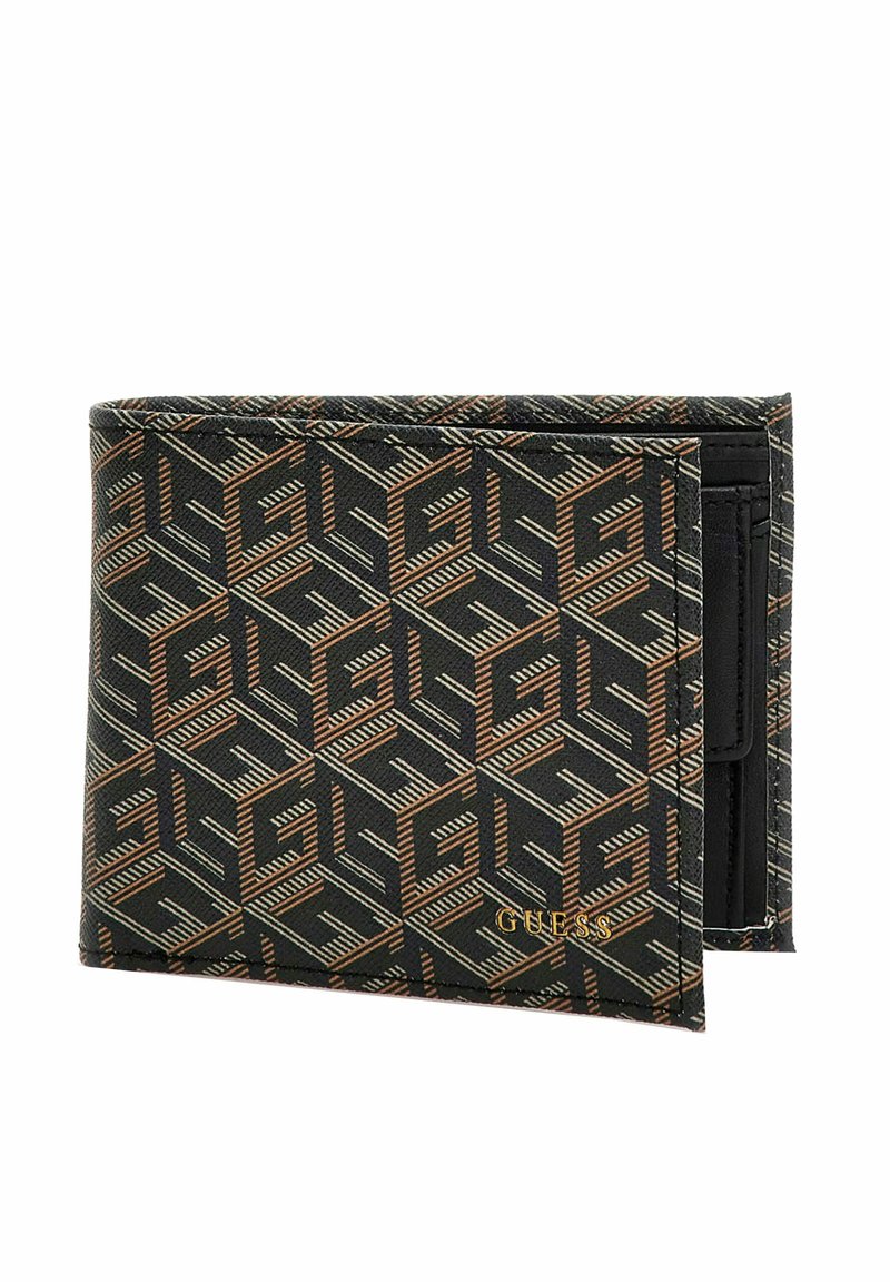 Portafoglio bifold realizzato in tessuto nero a motivo con design geometrici in oro e beige. Presenta scomparti per carte e un logo distintivo.