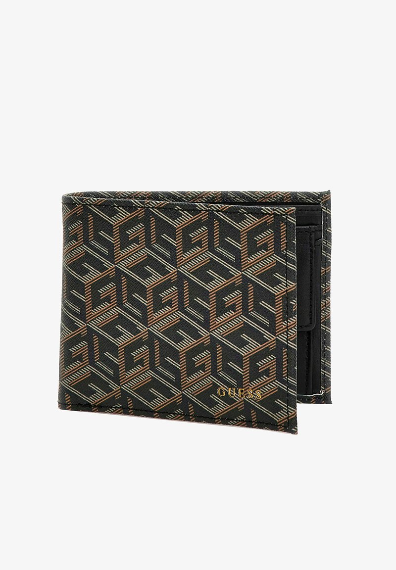 Portafoglio bifold realizzato in tessuto nero a motivo con design geometrici in oro e beige. Presenta scomparti per carte e un logo distintivo.