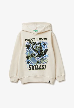 Béžová mikina s kapucí a grafickým potiskem, který zobrazuje skateboard, postavu a text "NEXT LEVEL SKILLS!" v černé a neonově zelené barvě.