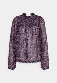 Gennemsigtig lilla bluse med et blomstermønster i pink og mørkegrøn. Har smock-detaljer ved halsen og lange, puffede ærmer.