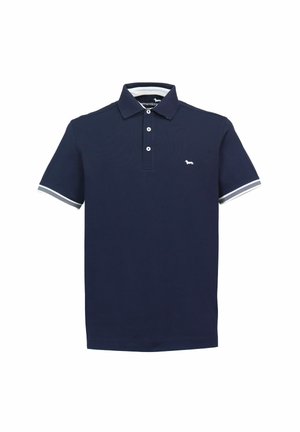 Navy blue polo shirt made of cotton, featuring a classic collar, three buttons, and white striped accents on the sleeves. Small logo on chest.