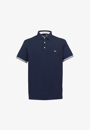 Navy blue polo shirt made of cotton, featuring a classic collar, three buttons, and white striped accents on the sleeves. Small logo on chest.