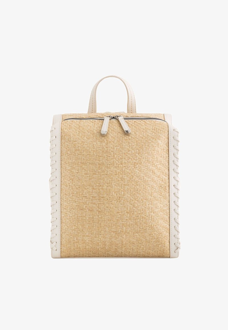 Woven straw backpack with beige leather accents, featuring a zippered top closure, prominent side stitching, and a small top handle.