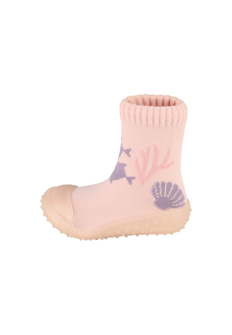 Rosa Socken-Stil Stiefel mit geripptem Bund, verziert mit Korallen- und Muschelmustern in Lila. Gummisohle mit strukturierter Rutschfestigkeit.