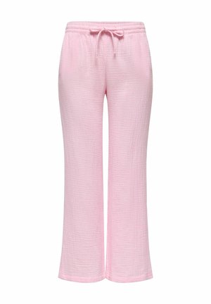 Pantalons en tissu texturé rose clair avec taille élastique et cordon de serrage, présentant une coupe droite décontractée.