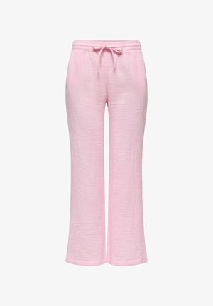 Pantalons en tissu texturé rose clair avec taille élastique et cordon de serrage, présentant une coupe droite décontractée.