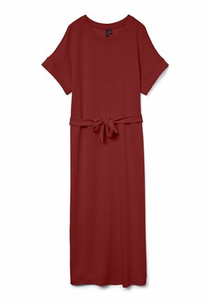 Red knee-length dress made from soft fabric with short sleeves, a round neckline, and a tie belt at the waist for adjustment.