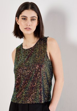 Top senza maniche caratterizzato da paillettes multicolori in un motivo geometrico, con una consistenza liscia e scollo rotondo.
