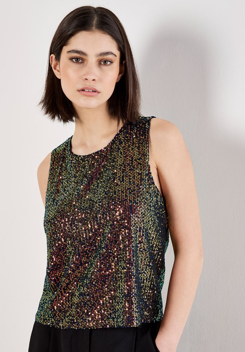Ärmelloses Top mit mehrfarbigen Pailletten in einem geometrischen Muster, mit glatter Textur und rundem Ausschnitt.