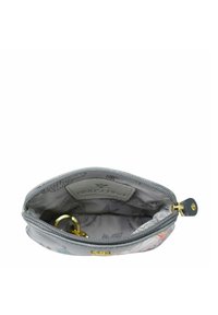 Grijze rits portemonnee voor munten met een patroon binnenin, een sleutelhanger bevestiging en een soepele buitenkant met gouden accenten.