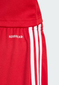 Červené športové šortky vyrobené z hladkej tkaniny, s bielymi vertikálnymi pruhmi a bielym logom "AEROREADY" na ľavej strane.