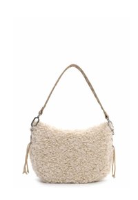 Borsa a tracolla color crema con esterno testurizzato e riccio e una maniglia intrecciata. Presenta dettagli in hardware argentato e accenti a nappina.