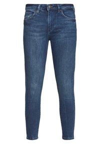 Skinny jeans made of dark blue denim. Features include five pockets and subtle whiskering across the thighs. Standard waistband with zipper.
