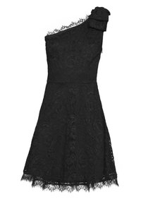 Svart spetsklänning med en axelrem, prydd med blommönster och en volangdetalj. Utsåld kjol med scallopartad spetskant.