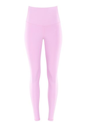 Pink high-waisted leggings made of stretchy fabric, featuring a smooth texture and a form-fitting silhouette. No visible seams or patterns.