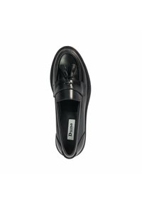 Black leather loafer with a rounded toe, decorative tassels at the front, and a textured sole. Label reads "Dune London."