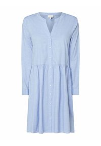 Light blue chambray dress with long sleeves, a v-neck collar, button front, and gathered waistline. Features a relaxed fit and soft texture.