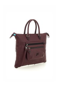Borsa a tracolla in pelle bordeaux con manici superiori doppi, tasche anteriori con zip e finiture in metallo argentato. Superficie testurizzata con il logo del marchio visibile.