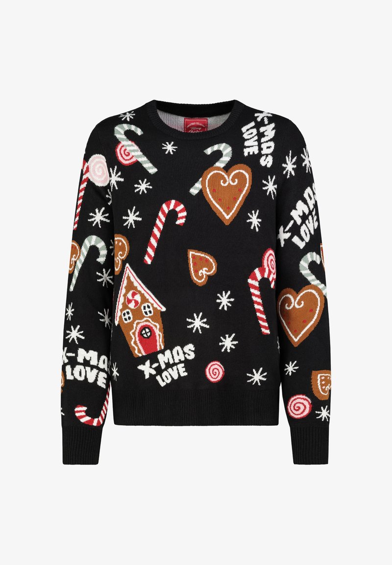 Schwarzer Strickpullover mit bunten Mustern aus Zuckerstangen, Herzen, Lebkuchenhäuschen und Schneeflocken, mit rundem Ausschnitt und gerippten Bündchen.