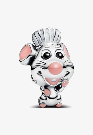 Figura di topo argentato con naso, orecchie e zampe rosa, e un'espressione felice, che indossa un cappello da chef con dettagli luccicanti.
