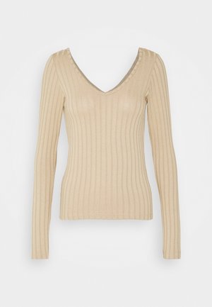Beiger, gerippter Pullover mit langen Ärmeln, tiefem V-Ausschnitt und figurbetonter Silhouette.