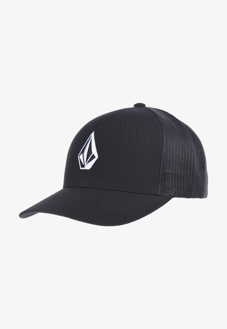 Casquette de baseball noire en maille avec une visière incurvée et un logo géométrique blanc brodé sur le panneau avant.
