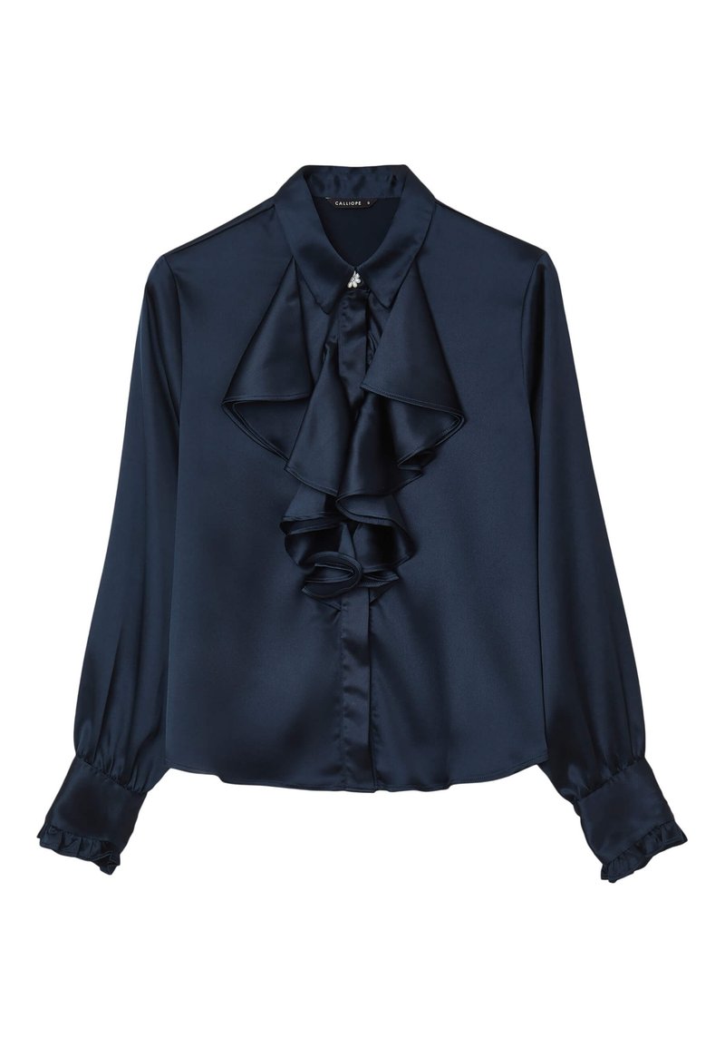 Navy satin blouse with a ruffled front, collar, and button closure. Features long sleeves with ruffle accents at the cuffs.