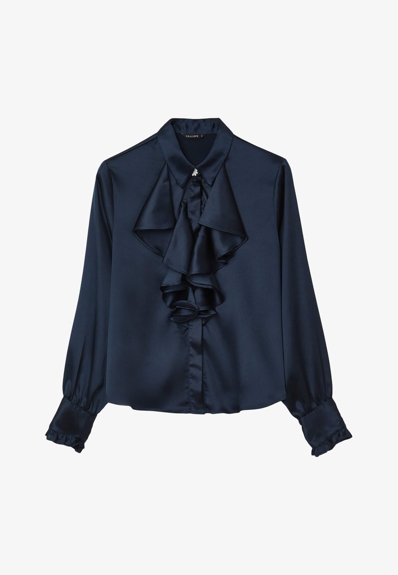 Navy satin blouse with a ruffled front, collar, and button closure. Features long sleeves with ruffle accents at the cuffs.