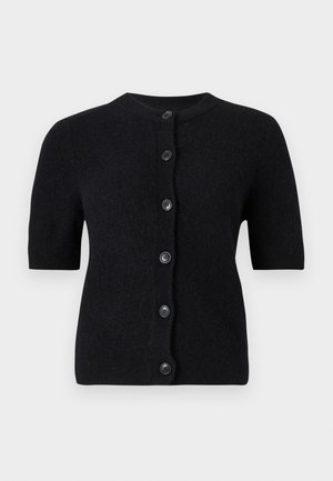 Black short-sleeve cardigan made of soft fabric, featuring a round neckline and six large black buttons along the front.