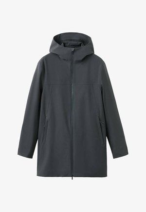 Abrigo largo impermeable de color gris oscuro con capucha, cierre frontal con cremallera y dos bolsillos laterales, diseñado para protección en climas húmedos.
