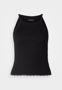 Black ribbed tank top with scalloped lace trim at the hem. Features thin straps and a fitted design. Made from stretchable fabric.