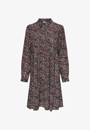 Kukkakuvioinen pitkähihainen mekko, jossa kauluksellinen pääntie, syvänpunainen ja laivastonsininen tausta sekä monivärisiä pieniä kukkakuoseja. Leveä helma.