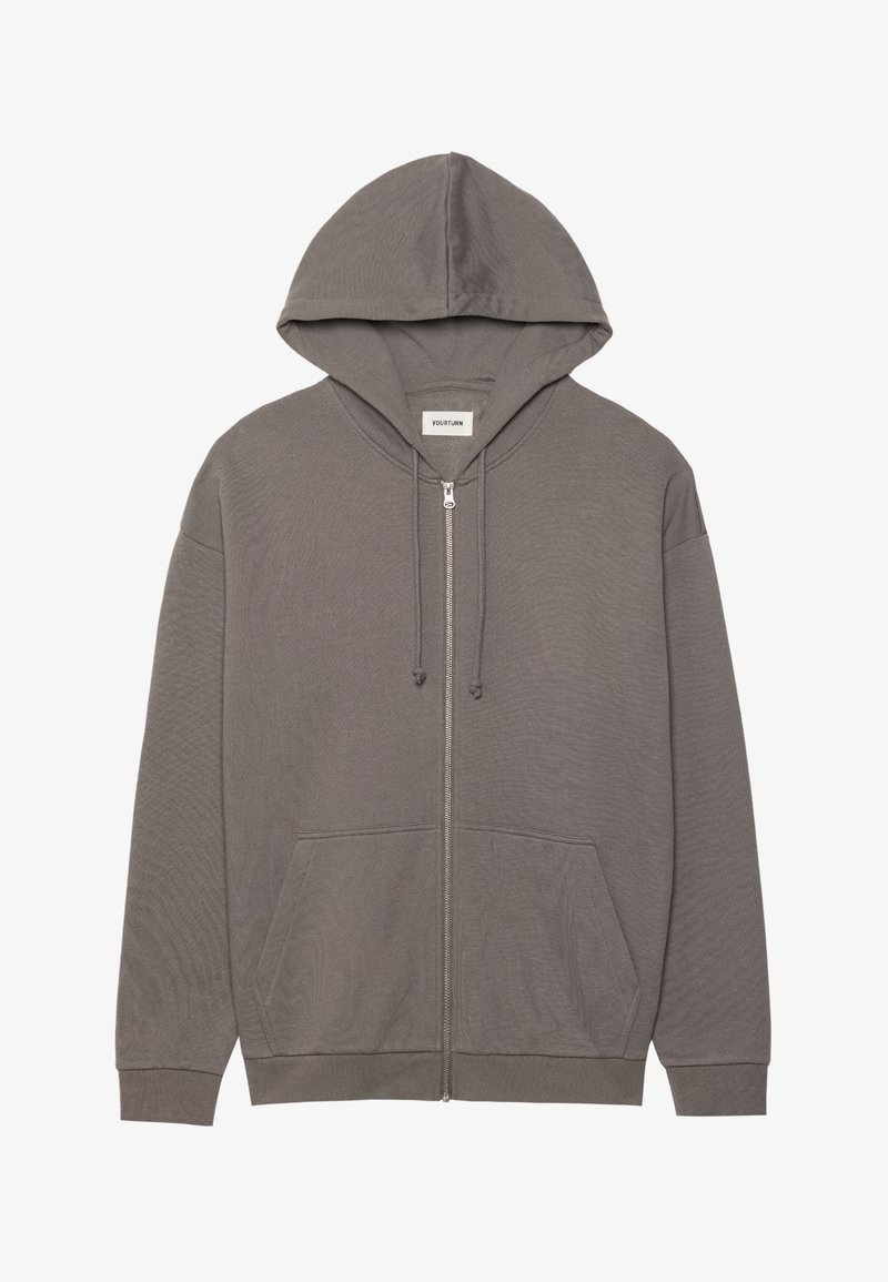 Gray zip-up hoodie made of soft fabric with a hood, front pockets, and drawstrings. Features ribbed cuffs and hem.