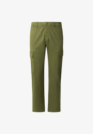 Pantalones cargo verde oliva hechos de algodón. Presentan dos bolsillos laterales y cierre de botón. Diseño de pierna recta con costuras reforzadas.