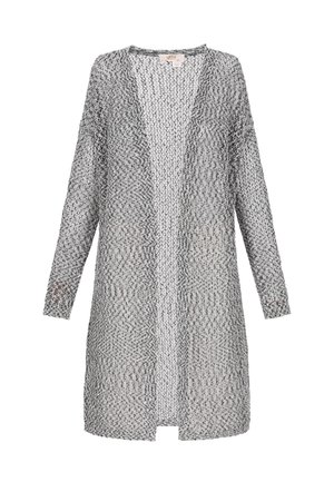 Cardigan lungo aperto in tessuto intrecciato argento e nero. Presenta maniche lunghe, una vestibilità ampia e un motivo testurizzato su tutta la superficie.