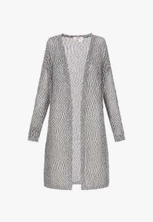 Cardigan long ouvert en tissu tissé argenté et noir. Présente des manches longues, une coupe décontractée et un motif texturé sur l'ensemble.