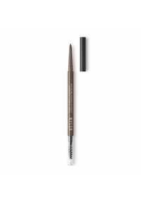 Matita per sopracciglia automatica con punta fine marrone. Presenta un pennellino spoolie trasparente su un'estremità e un cappuccio nero. Etichetta "Effetto Microblading" visibile.