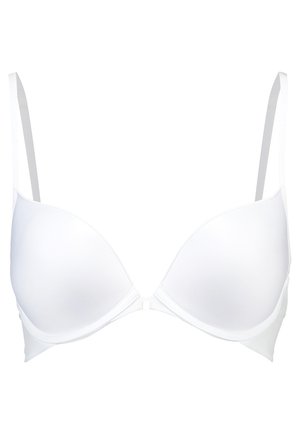 White padded bra with adjustable straps, molded cups, and a seamless design. Fastens at the front with a hook and eye closure.