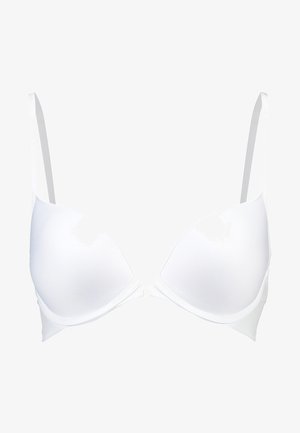Witte gewatteerde beha met verstelbare bandjes, gevormde cups en een naadloos ontwerp. Sluit aan de voorkant met een haak- en oogsluiting.