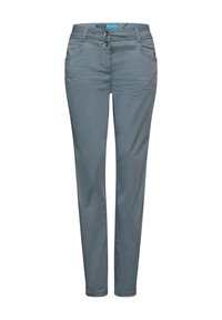 Szare bawełniane spodnie o dopasowanym kroju, z dwoma kieszeniami z przodu i dwoma zapięciami na guziki. Gładka tekstura z minimalnymi detalami szwów.