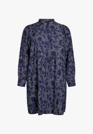 Marineblaues Kleid mit floralem Muster in Weiß. Es verfügt über eine durchgehende Knopfleiste, lange Ärmel, einen Kragen und eine Taillierung mit Bindegürtel. Hergestellt aus weichem Stoff.