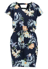 Květinové šaty v námořnické modři s krátkými rukávy, výstřihem do V, elastickým pasem se šňůrkou, se vzory bílých, broskvových a zelených květin.