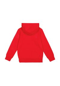 Felpa rossa con cappuccio, maniche lunghe, polsini e fondo a costine; texture morbida, colore uniforme, con un design semplice e privo di ornamenti.