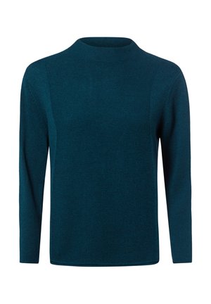 Langärmeliger türkisfarbener Strickpullover mit rundem Ausschnitt und strukturiertem Vorderteil, dargestellt auf weißem Hintergrund.