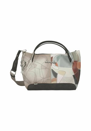 Sac à main en cuir avec patchwork abstrait multicolore, deux poignées supérieures noires, bandoulière amovible, et le nom de la marque "Anekke" sur le devant.