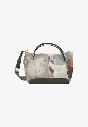 Sac à main en cuir avec patchwork abstrait multicolore, deux poignées supérieures noires, bandoulière amovible, et le nom de la marque "Anekke" sur le devant.