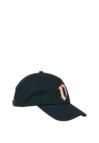 Tummansininen puuvillainen baseball-lippis, jossa on rakenteellinen kruunu, kaareva lippa ja etuosassa brodeerattu oranssi "D" -logo. Takana säädettävä hihna.