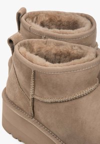 Jasnobrązowe zamszowe botki za kostkę z miękką futrzaną wyściółką, wzmocnionymi detalami szwów i płaską gumową podeszwą. Dwa boczne uchwyty ułatwiające zakładanie.