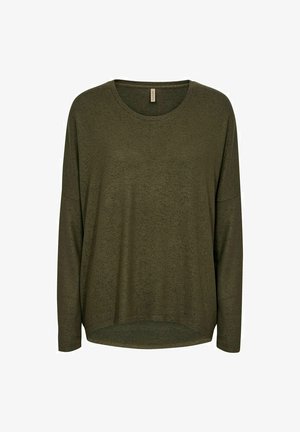 Olivgrünes Langarmoberteil mit Rundhalsausschnitt, lockerer Passform und leicht strukturiertem Stoff. Der Saum ist hinten abgerundet und sorgt so für eine moderne Silhouette.
